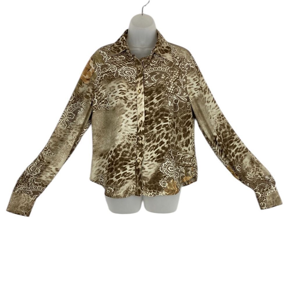 St. John  Silk Tan Long Sleeve Button up Down Blouse W/ Gold Tone Buttons Sz 4